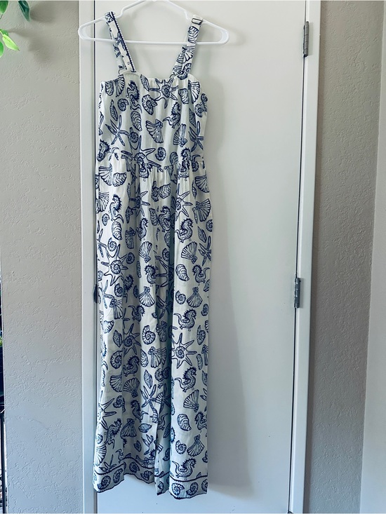 Nado Pants - Jumpsuit -Wide Leg -Sz Medium- by Nado Navy and Ivory Shell-Print Linen Blend
